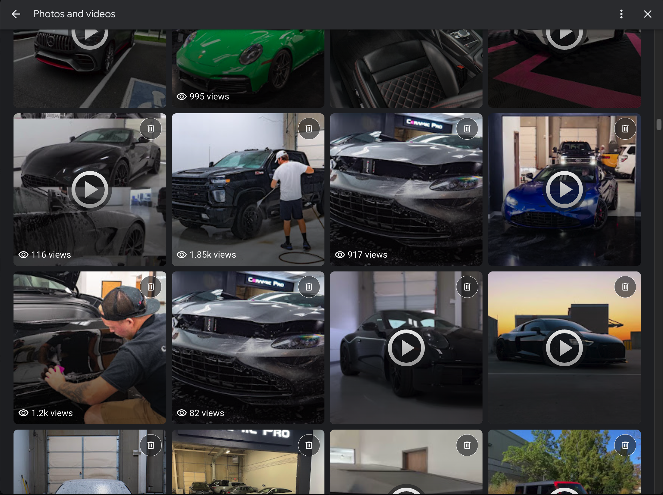 Google Business Profile Photos and videos gallery showing individual view counts on each photo and video for an auto detailing and ceramic coating shop